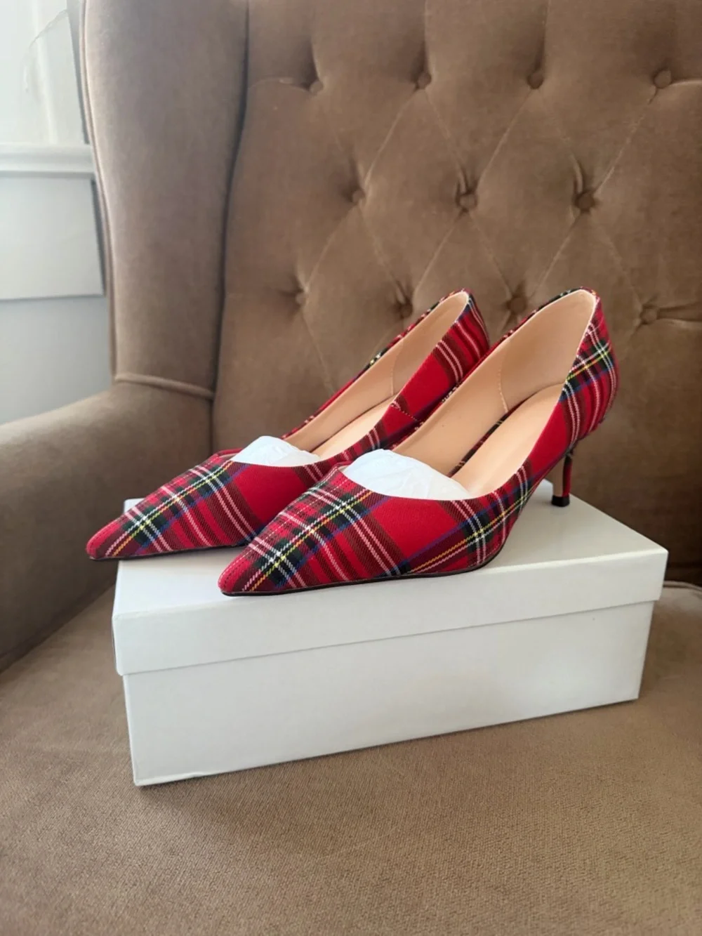 Women’s Red Plaid Pointed-Toe Kitten Heels - Picture 1 of 3